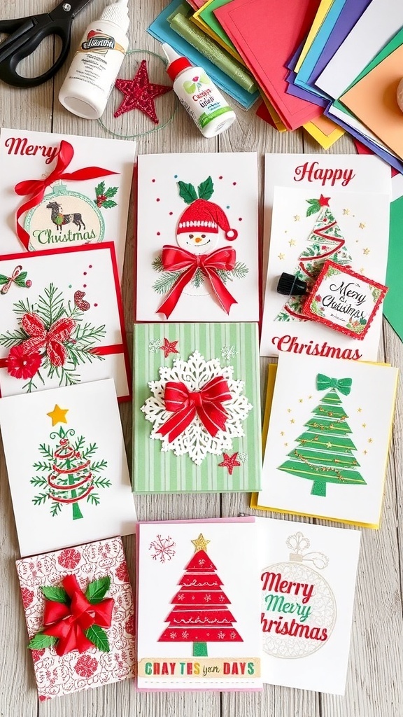 A collection of handmade Christmas cards with festive designs and crafting materials.